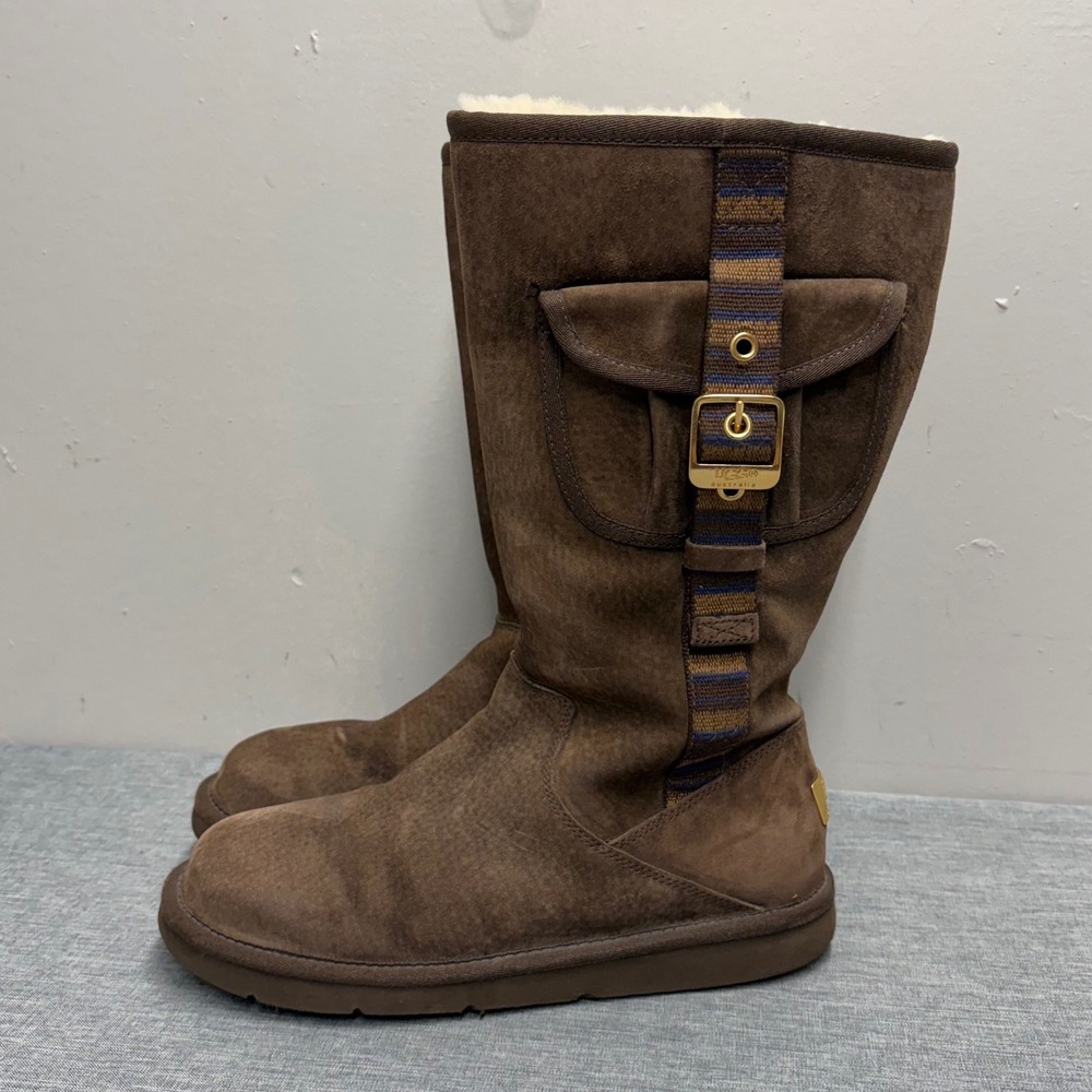 UGG Boots Women 8 Brown Suede 1895 Mid Calf Shearling Lined Buckle Pocket Zip
